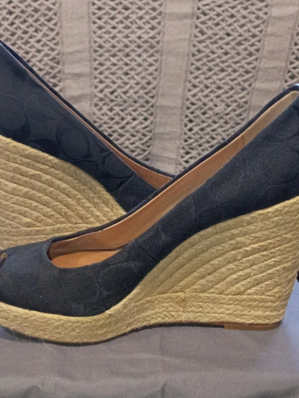 Coach Navy Signature Canvas Peep Toe Espadrille Wedges